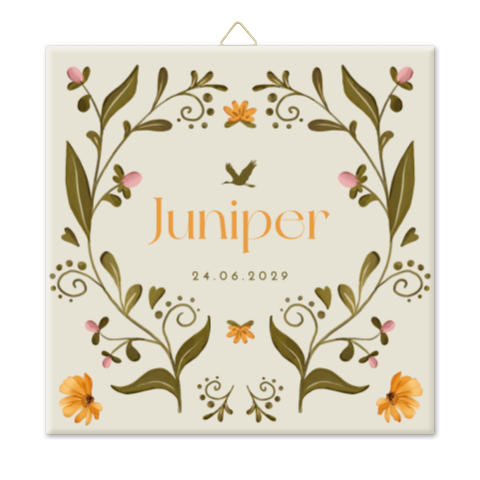 Geboortetegeltje in groen met stijlvolle bloemen