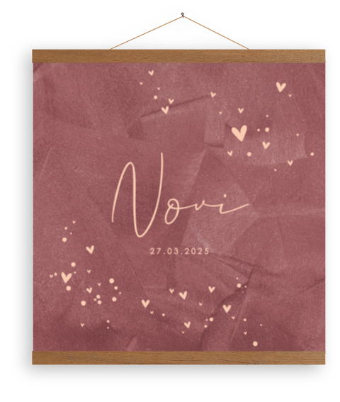 Canvasposter met houten latjes in donkerroze velvet-look met hartjes