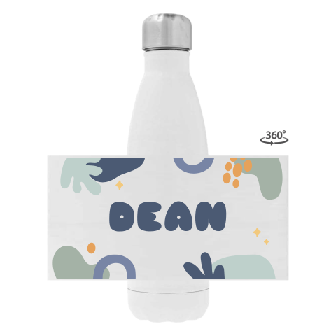 Rvs drinkfles met naam en kleurrijke abstracte vormen