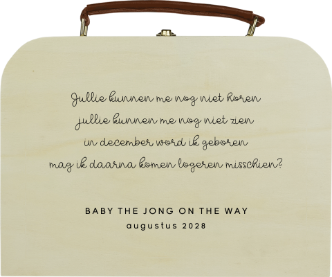 Houten koffertje zwangerschapsaankondiging met tekst