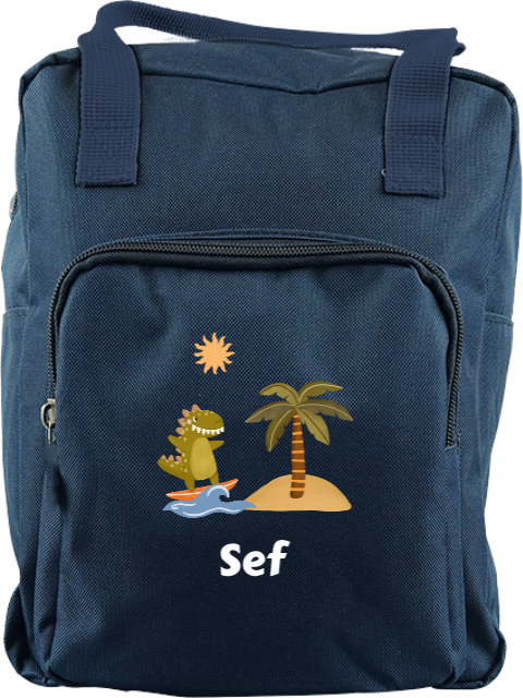 Rugzak Classic met naam en dino op surfboard