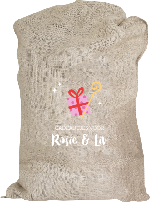 Jute sinterklaaszak met naam, cadeautje en staf