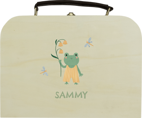 Houten koffertje met kikker en naam