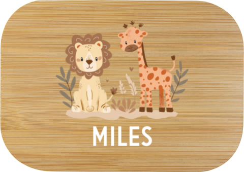 Rvs broodtrommel met naam, leeuwtje en giraffe