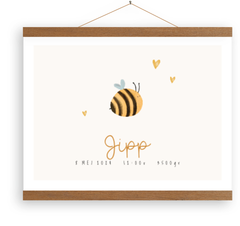 Canvasposter met houten latjes voor babykamer met bijtje