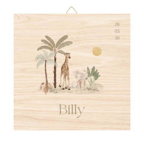 Houten tegel met giraf en olifant in de jungle