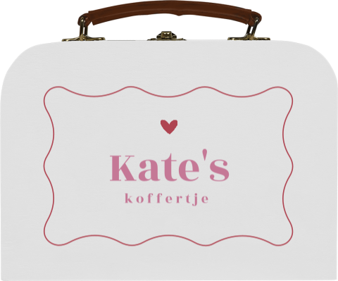 Houten koffertje met naam, hartje en golvend kader