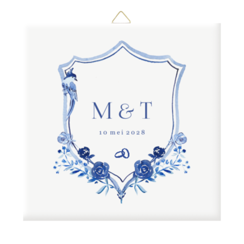 Gepersonaliseerd tegeltje huwelijkscadeau met initialen Delfts blauw
