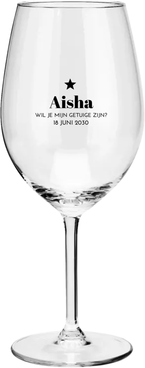 Gepersonaliseerd wijnglas getuige vragen met zwarte opdruk