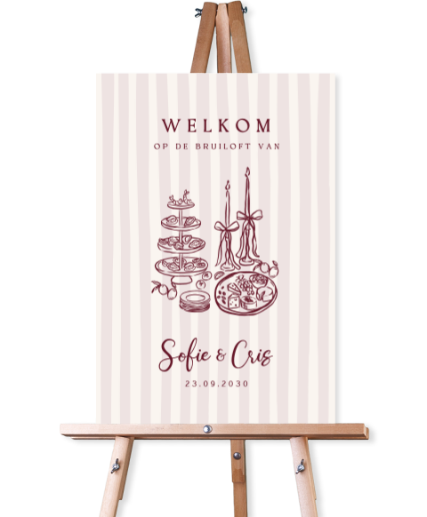 Welkomstbord bruiloft met rode strepen en feestelijke illustraties
