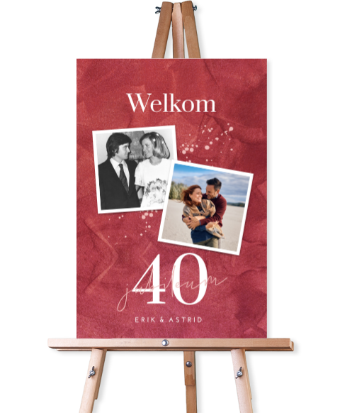 Welkomstbord 40 jarig huwelijk in rood met foto's