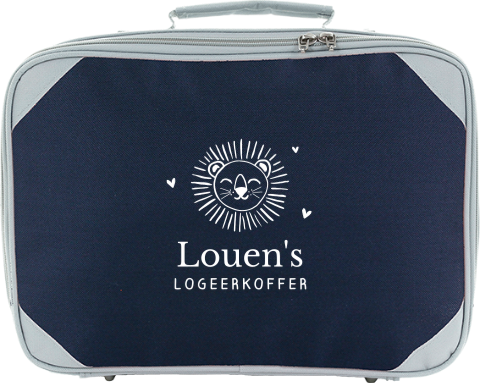 Koffertje met naam en lijntekening leeuw