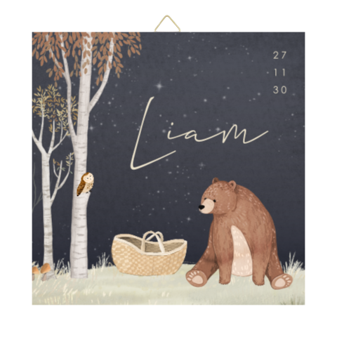 Geboorte tegeltje met beer 's nachts in een bos