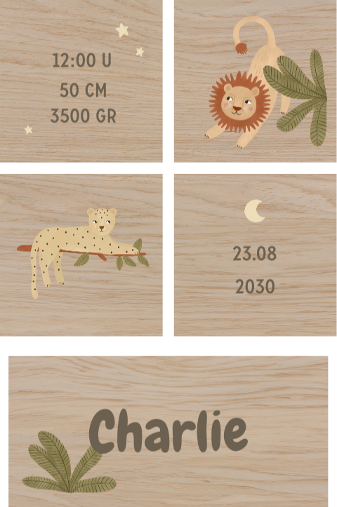 Houten blokken met naam en jungle thema