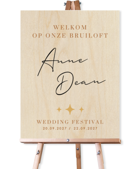 Houten welkomstbord bruiloft met sterretjes