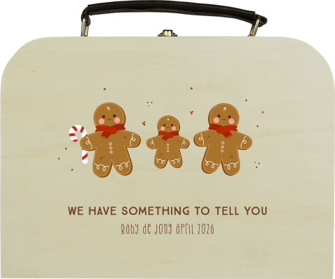 Houten koffertje zwangerschapsaankondiging kerst met koekmannetjes