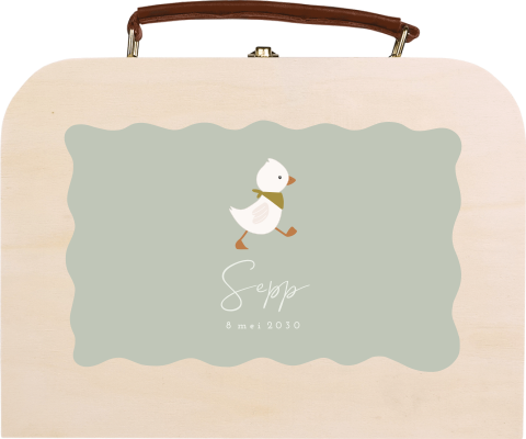 Houten koffertje met naam en lopend eendje