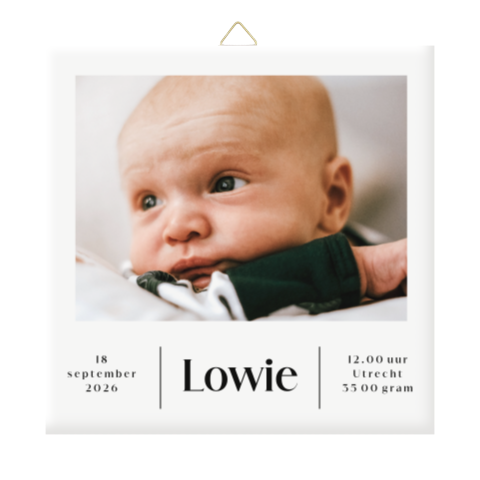 Geboortetegeltje met geboortegegevens en foto