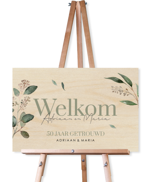 Houten welkomstbord huwelijksjubileum botanisch