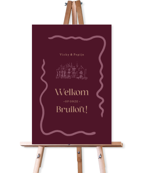 Welkomstbord bruiloft in trendy kleur met lijntekening