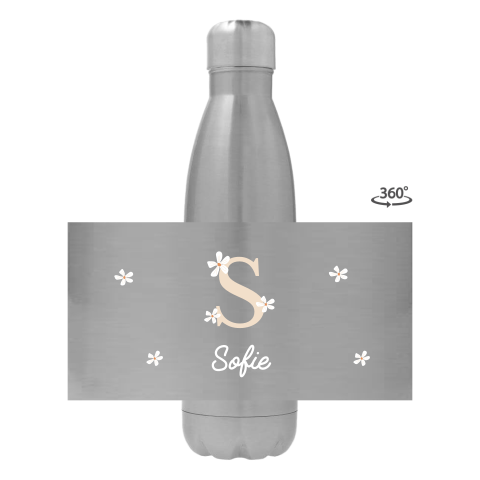 Rvs drinkfles met naam, initiaal en bloemen