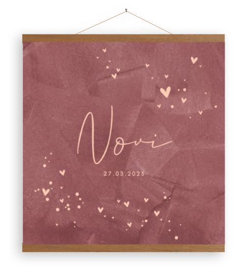 Canvasposter met houten latjes in donkerroze velvet-look met hartjes