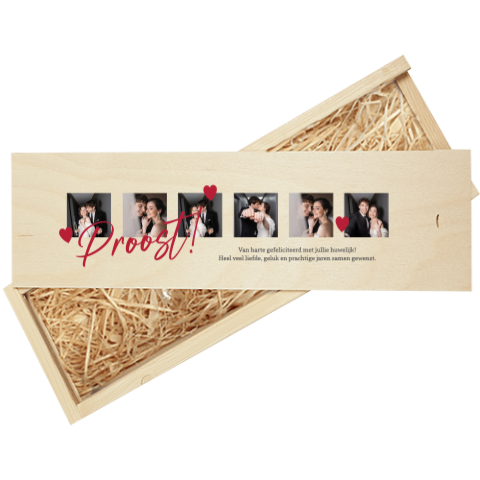 Wijnkist cadeau huwelijk met hartjes en foto's