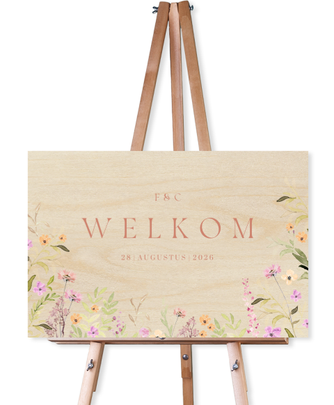 Houten welkomstbord bruiloft met romantische veldbloemen