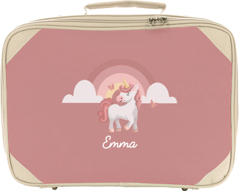 Logeerkoffertje met naam en unicorn met regenboog