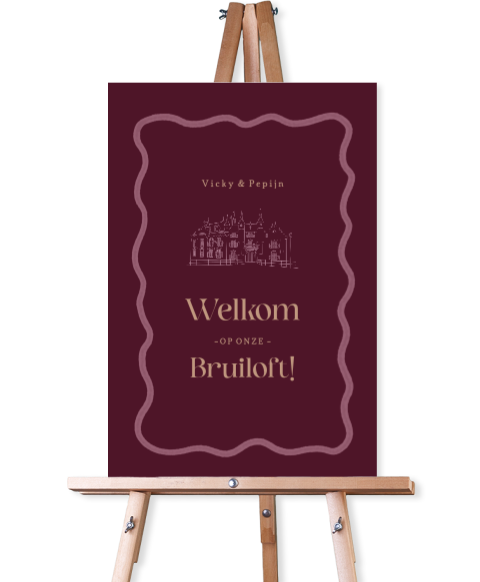 Welkomstbord bruiloft in trendy kleur met lijntekening