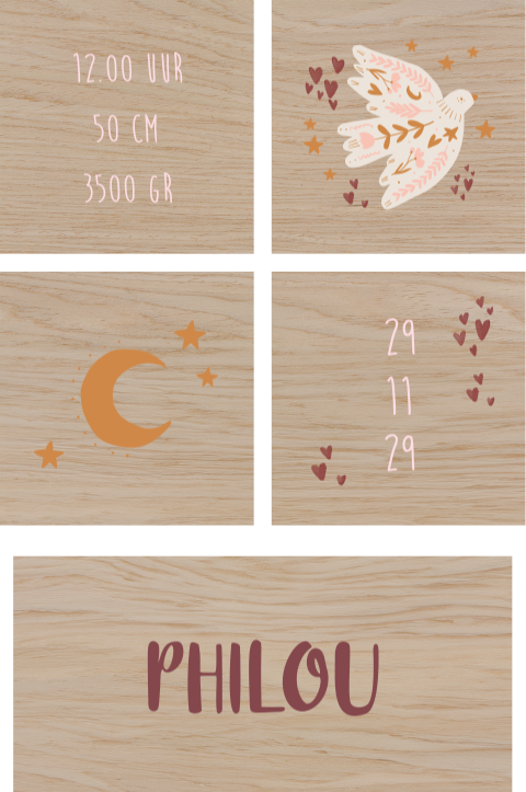 Houten blokken met naam, boho thema en geboortegegevens