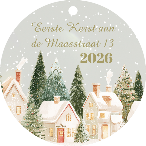Acryl kersthanger eerste kerst in nieuw huis met winters dorpje