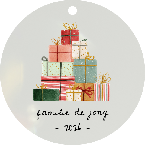 Acryl kersthanger met cadeautjes en naam