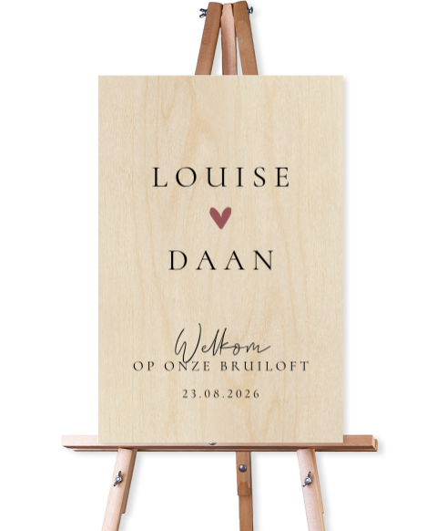 Houten welkomstbord bruiloft met hartje in oudroze