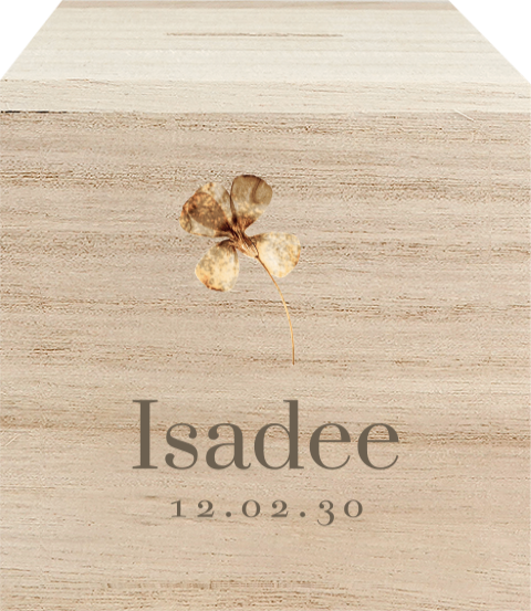 Houten spaarpot met naam en droogbloemetje