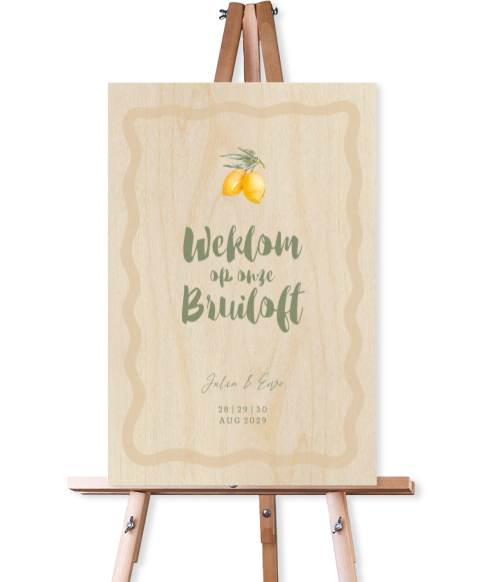 Welkomstbord van hout bruiloft met citroenen