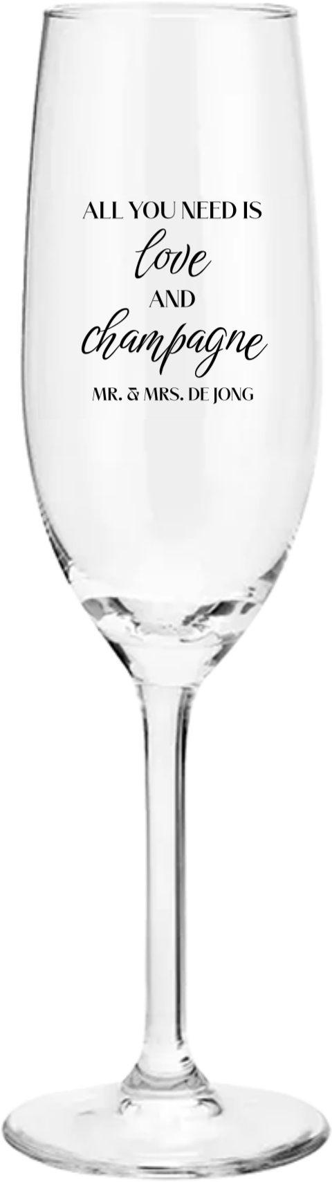 Champagneglas gegraveerd met namen en quote