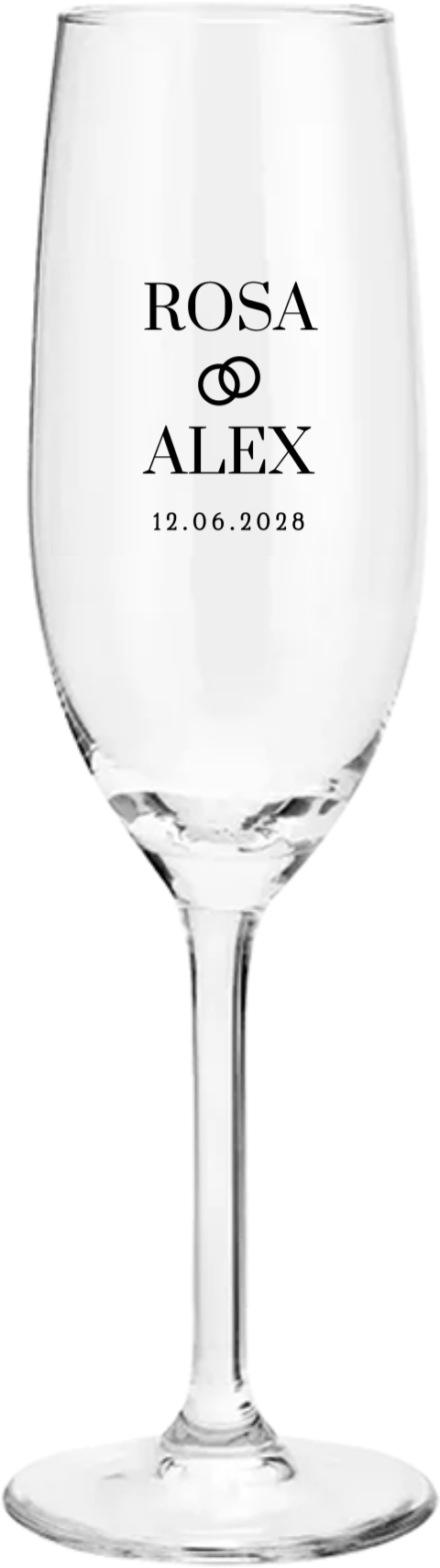 Champagneglas gegraveerd met namen en trouwringen