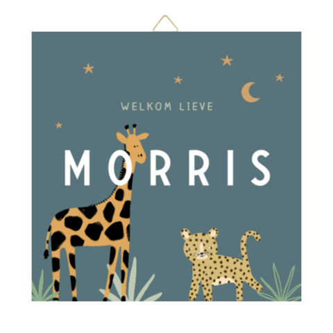 Geboortetegeltje blauw met naam en jungle dieren