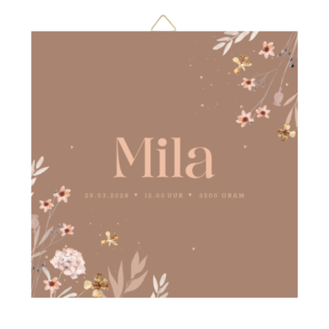 Tegeltje bruin met bloemen en rosékleurige naam