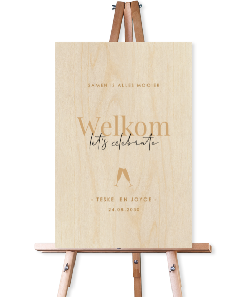 Welkomstbord van hout voor bruiloft chic