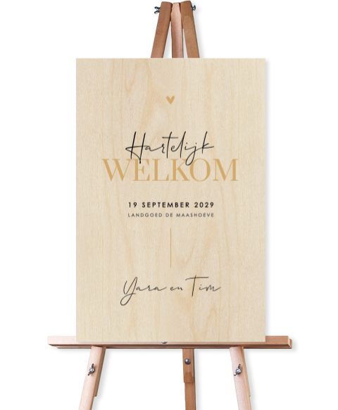 Houten welkomstbord bruiloft met gouden schrift