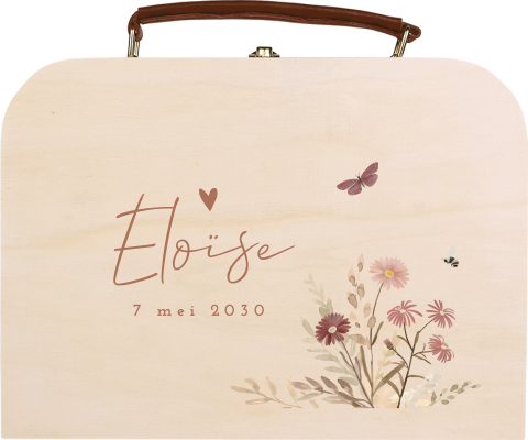 Houten koffertje met naam en vintage bloemen