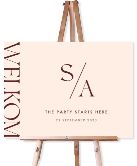 Welkomstbord bruiloft in cherry kleur met initialen