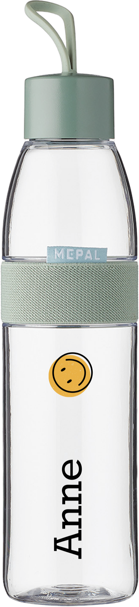 Waterfles met naam en smiley als duurzaam relatiegeschenk