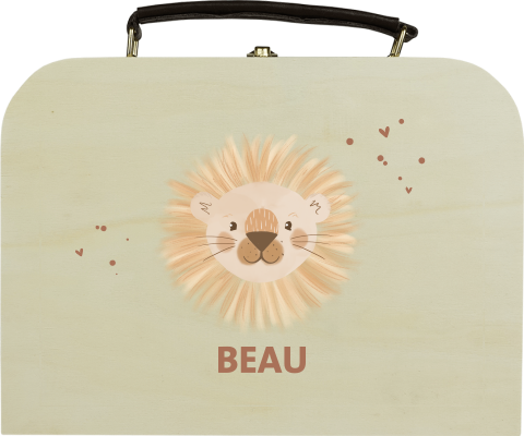 Houten koffertje met leeuwtje en naam