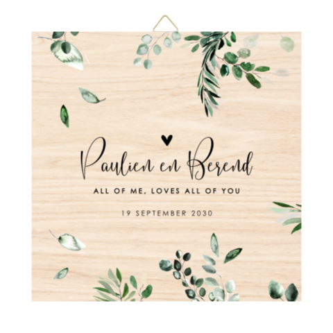 Houten tegel in botanische stijl met eucalyptustakjes