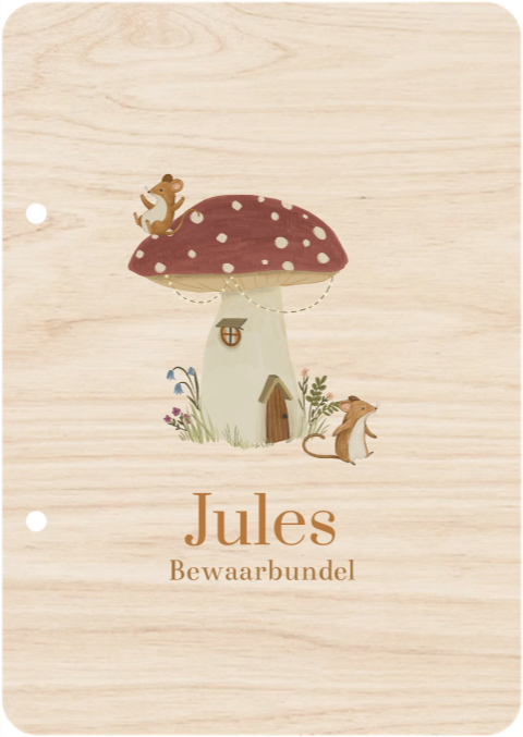 Houten bewaarbundel in herfststijl met paddenstoel en muisjes