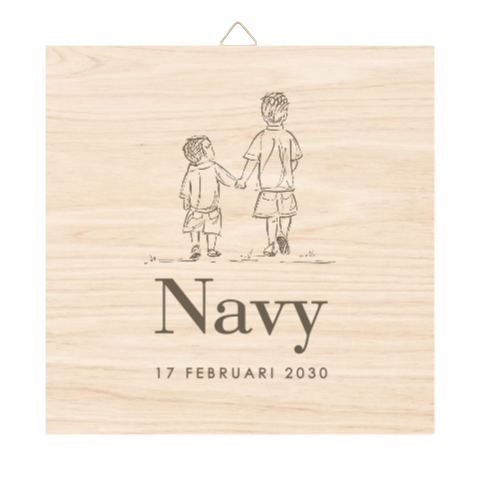 Houten tegel met naam en illustratie van broertjes