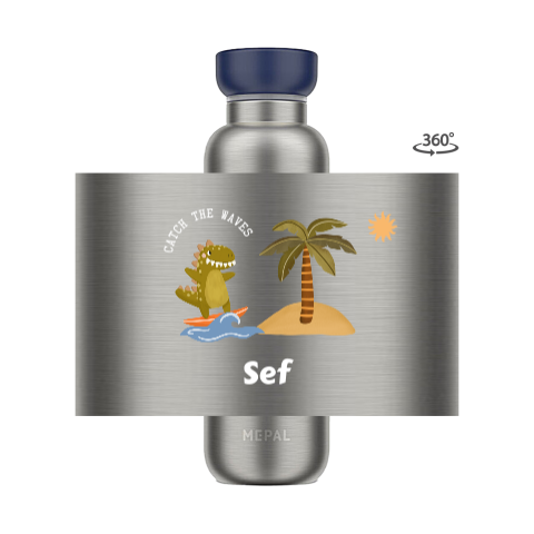 Mepal isoleerfles met naam en dino op surfboard